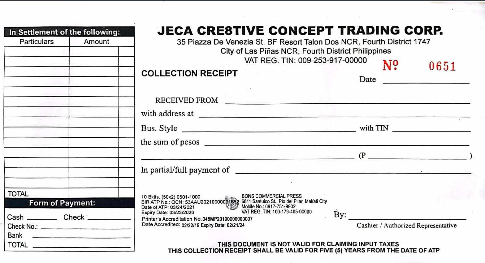 BIR-Accredited Collection Receipt — VAT Reg. TIN 009-253-917-00000